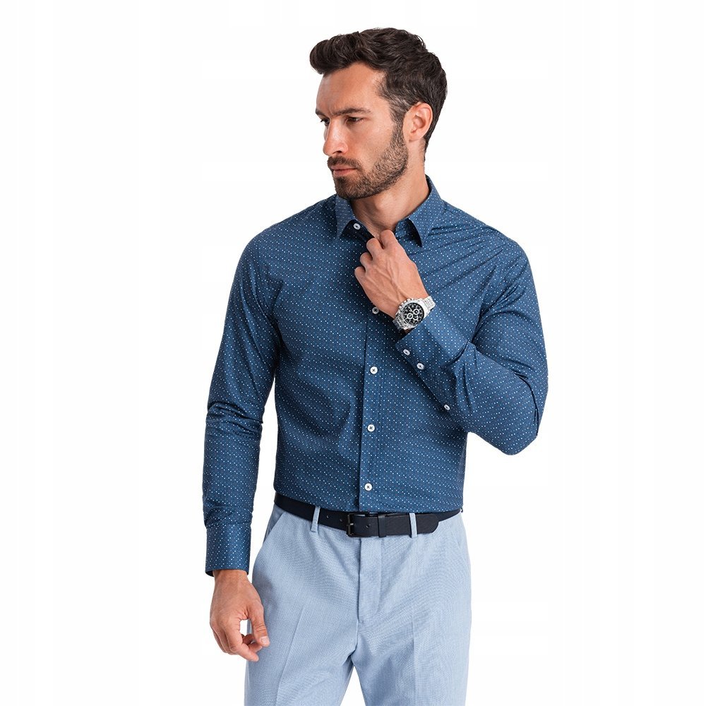 Bawełniana koszula męska we wzory SLIM FIT niebieska V4 OM-SHCS-0151 S