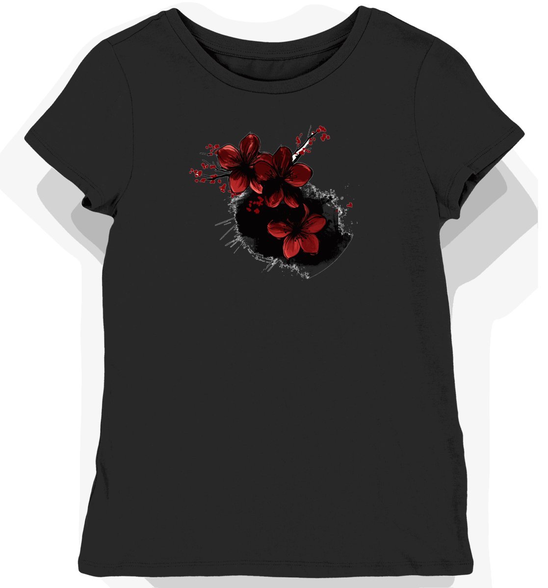 Koszulka damska czarna z nadrukiem wiśniowego kwiatu XS