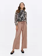 Spodnie damskie - Brązowe wiskozowe spodnie z wiązaniem - miniaturka - grafika 1