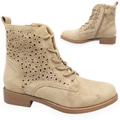 Botki damskie - Kowbojki Damskie Botki S.Barski Zamszowe za kostkę z zamkiem Beżowe 37 - miniaturka - grafika 1