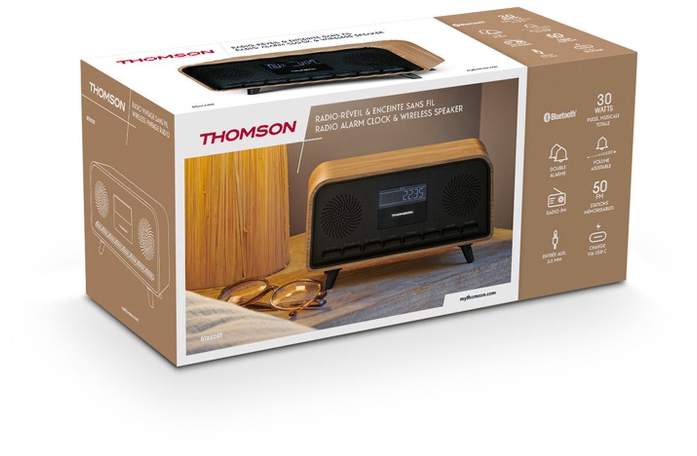 Thomson Głośnik drewniany bezprzewodowy COSY Bluetooth Radio FM Alarm LCD 30W