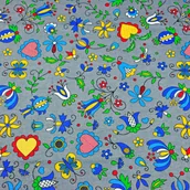 Pasmanteria - Tkanina bawełniana wzór kaszubski niebieski na szarym tle - miniaturka - grafika 1