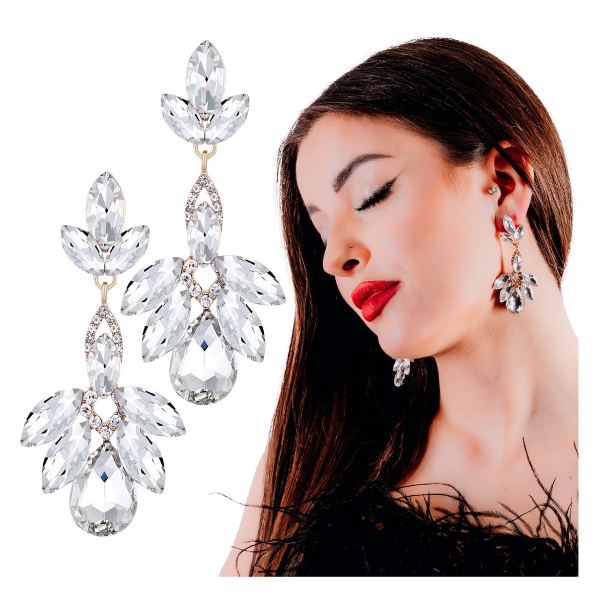 Kolczyki Wiszące Złote Białe Długie z Cyrkoniami Sztyft Lekkie i Efektowne