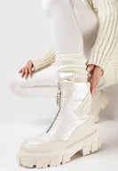 Śniegowce damskie - Beżowe Śniegowce na Płaskiej Podeszwie z Zamkiem z Przodu i Napisem Bulluna - miniaturka - grafika 1