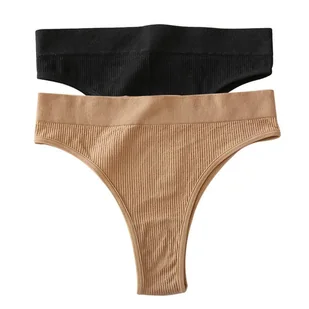 Stringi z wysokim stanem 2 szt. - Czarny + beżowy L/XL - Majtki damskie - miniaturka - grafika 1