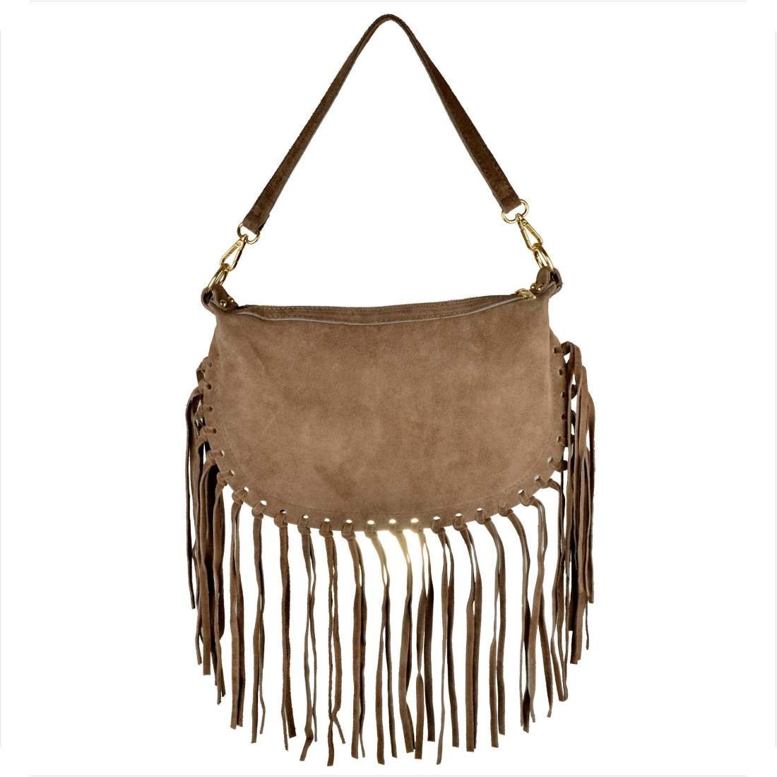 Włoska listonoszka z frędzlami skóra naturalna zamszowa brąz taupe