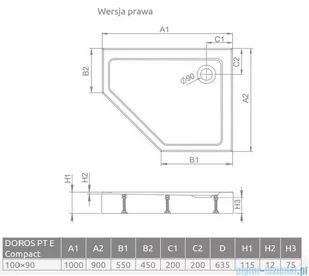 Radaway Doros Pt E Compact Stone brodzik pięciokątny 100x90x11,5cm prawy biały SDRPTP1090-05-04SR | - Brodziki prysznicowe - miniaturka - grafika 2