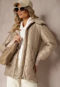 Kurtki damskie - Ciemnobeżowa Kurtka Ozdobiona Pikowaniem z Rękawami Zakończonymi Ściągaczami i Kapturem Celosira - miniaturka - grafika 1