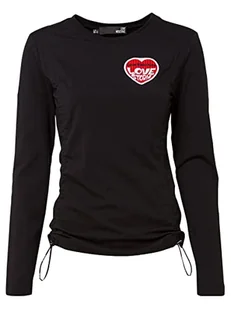 Love Moschino Obcisła koszulka damska z długimi rękawami z bokami, zawijane logo, elastyczny sznurek i haftowana naszywka z sercem Love Storm, Czarny, 68 - Koszulki i topy damskie - miniaturka - grafika 1