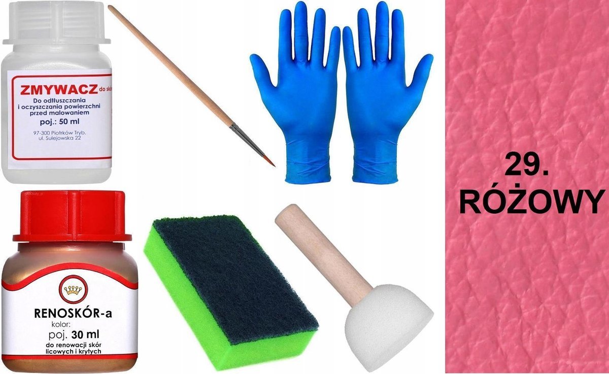 RÓŻOWY 29 Renoskór ZESTAW DO RENOWACJI SKÓRY LICOWEJ Farba + Zmywacz Pędzel