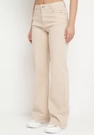 Spodnie damskie - Beżowe Bawełniane Jeansy Szerokie z Tkaniny Plumeti z Kieszeniami Qrisa - miniaturka - grafika 1