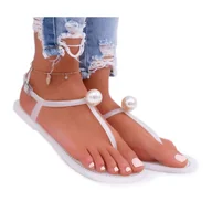 Klapki i japonki damskie - LU BOO Damskie Sandałki Japonki Meliski z Perłą Białe Contiro - miniaturka - grafika 1