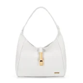 Torebki damskie - Torebka damska worek z dekoracyjną klamrą na pasku biała - miniaturka - grafika 1