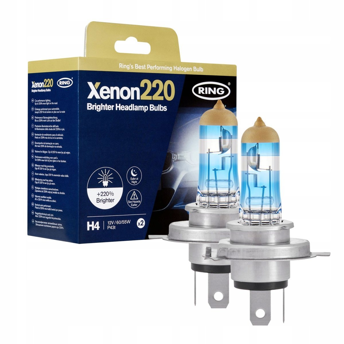 ŻARÓWKI RING H4 60/55W +220% XENON220 PERFORMANCE GOLD CAP E-HOMOLOGACJA UK