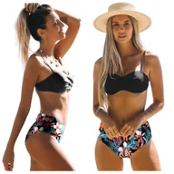 Stroje kąpielowe - Dwuczęściowy strój kąpielowy push up wysoki stan usztywniany lato kwiaty L - miniaturka - grafika 1