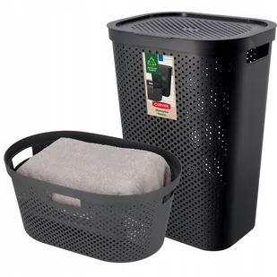 Kosz z pokrywą 60L + pojemnik 40L Curver Infinity ciemnoszary - Kosze na bieliznę - miniaturka - grafika 1