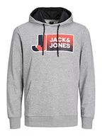 Bluzy męskie - JACK & JONES PLUS Męska bluza z kapturem JCOLOGAN SS23 SN PLS z kapturem, jasnoszary melanż/szczegóły: New LGM, 3XL, jasnoszary melanż/szczegóły: nowy Lgm, 3XL - miniaturka - grafika 1