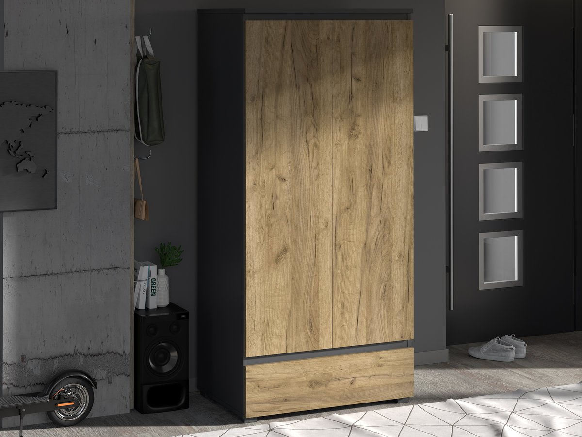 Szafa ubraniowa Neo 05 – pojemna garderoba z szufladą, antracyt / dąb craft, 85 cm