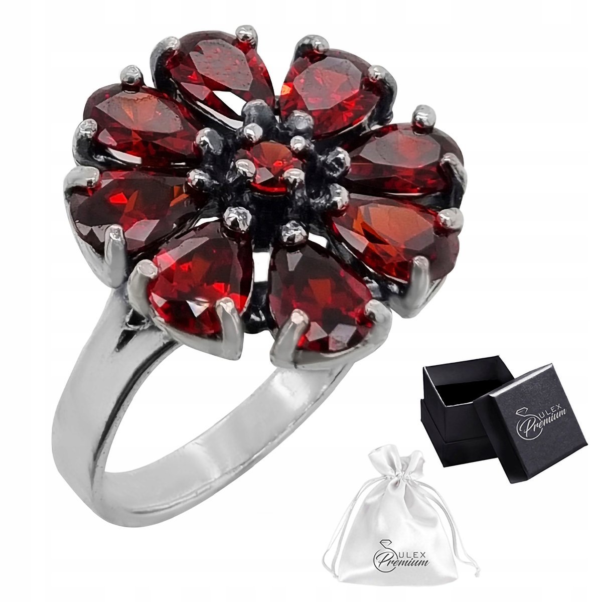 Pierścionek srebro 925 Elegancki Pierścień z Motywem Kwiatu Garnet r. 19