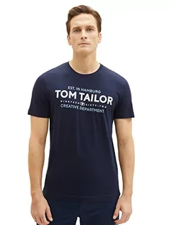 Koszulki męskie - TOM TAILOR Męski T-shirt z nadrukiem logo, 10668 - Sky Captain Blue, S - grafika 1