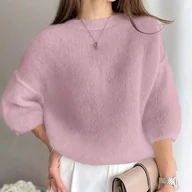 Swetry damskie - TEMU Jednokolorowy Minimalistyczny Sweter z Siedmiu Rękawów, Luźny Okrągły Dekolt, Miękki Pulower Damski - miniaturka - grafika 1