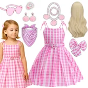 Stroje karnawałowe - Strój Przebranie Kostium Sukienka Barbie Różowa Na Bal Karnawał Peruka Zestaw 146/152 - miniaturka - grafika 1