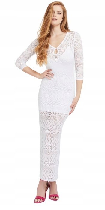 GUESS DŁUGA BIAŁA SUKIENKA BAWEŁNIANA Z AŻUROWYM WZOREM M GXB