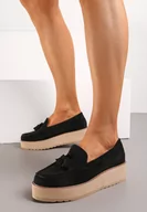 Półbuty damskie - Czarne Półbuty na Niskiej Platformie z Przeszyciami i Ozdobnymi Chwostami Hiela - miniaturka - grafika 1