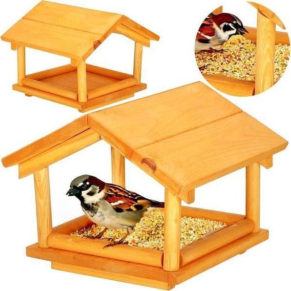 Karmnik dla ptaków drewniany z daszkiem rozm. M domek budka 25x31x30,5 cm jasnobrązowy UNIWERSALNY