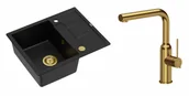 Zlewozmywaki z baterią - Quadron Unique Zlewozmywak granitowy jednokomorowy 62*50*22 cm z ociekaczem MORGAN 116 PURE CARBON z syfonem Push-2-Open w kolorze złotym z baterią ANGELINA Q LINE z wyciąganą wylewką kolor złoty - miniaturka - grafika 1