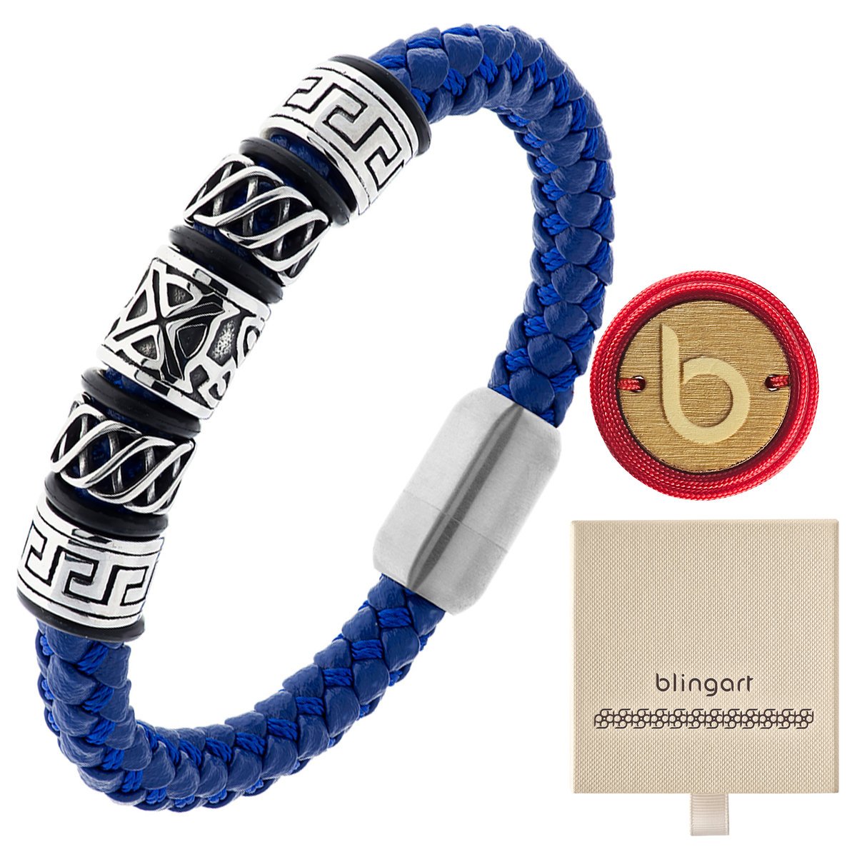 Bransoletka SKÓRZANA męska ORNAMENTY nakładki stal