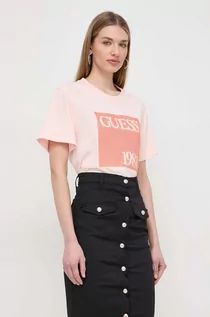Koszulki sportowe damskie - Guess t-shirt bawełniany damski kolor różowy - grafika 1