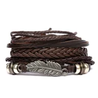 Bransolety męskie - 3X Bransoletka Skórzana Męska Elegancka Koraliki Pióro Rzemyk Zestaw Men - Bra-Men-Pio-Bra - miniaturka - grafika 1