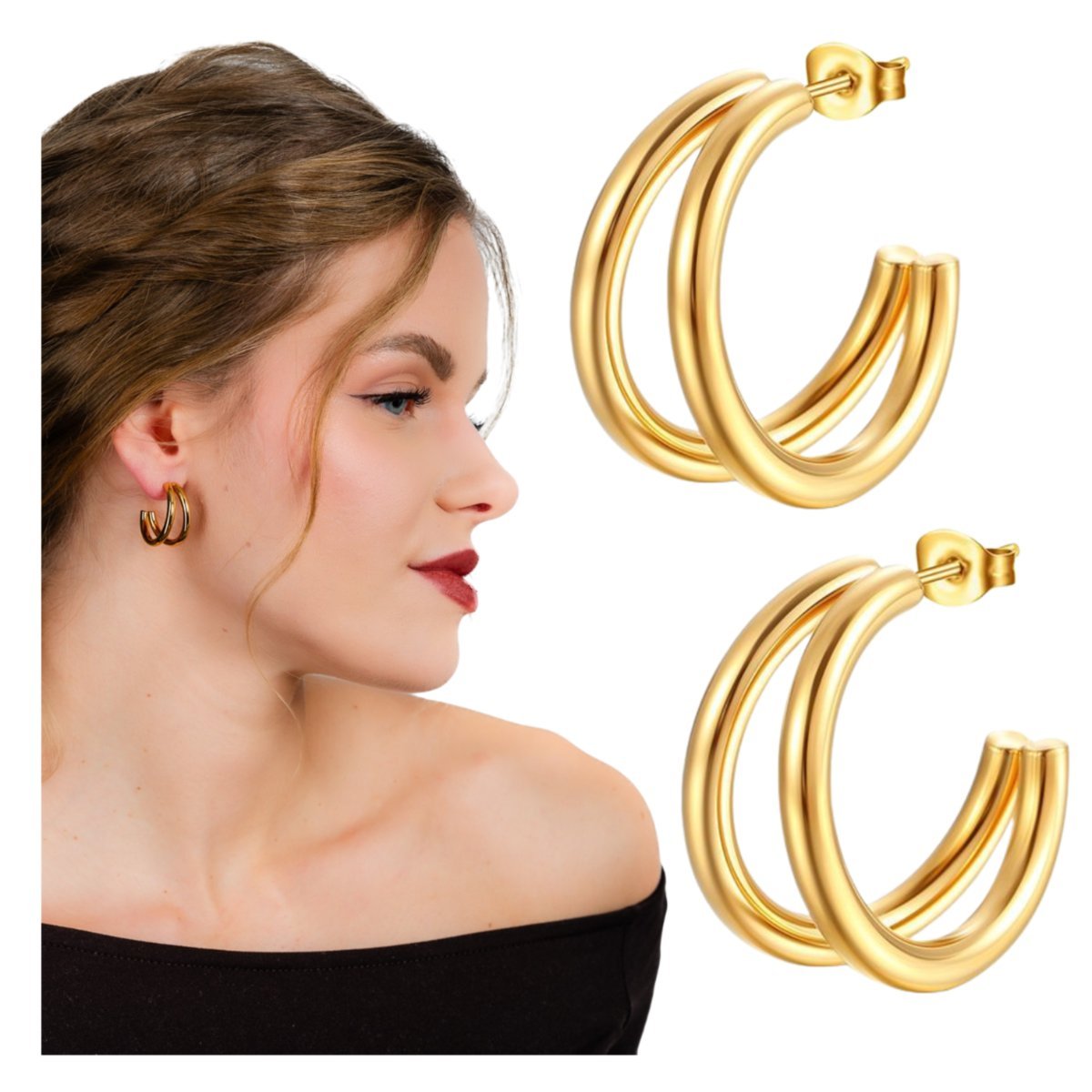 Kolczyki Sztyfty Złote Kółka ze Stali Chirurgicznej 316L Pozłacane Lekkie