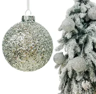 Bombki - BOMBKA CHOINKOWA SZKLANA DEKOROWANA BROKATEM NA CHOINKĘ SREBRNA 8,5 CM BOMBKI CHOINKOWE BAŃKI I OZDOBY NA CHOINKĘ - miniaturka - grafika 1