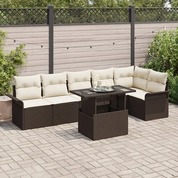 7-częściowy modułowy zestaw sof zewnętrznych, brązowy rattan, kremowe