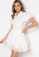 Sukienki - Biała Koronkowa Sukienka Mini w Kwiaty z Bufiastymi Rękawami Cervi - miniaturka - grafika 1