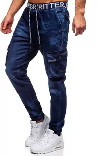 Spodnie męskie - Granatowe jeansowe joggery bojówki spodnie męskie slim fit Denley 51002W0 - grafika 1
