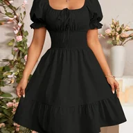 Sukienki - TEMU Elektryczna Czarna Sukienka z Kwadratowym Dekoltem i Falbankami na Rękawach - Dopasowany Stanik & Płynąca Spódnica, Nieelastyczny Materiał na - miniaturka - grafika 1