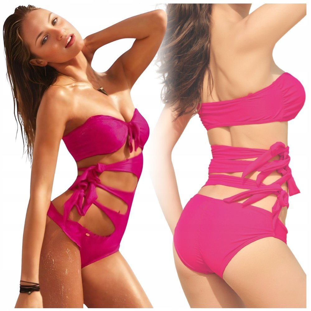 STRÓJ KOSTIUM KĄPIELOWY JEDNOCZĘŚCIOWY MONOKINI RÓŻOWY WIĄZANY MODELUJĄCY S