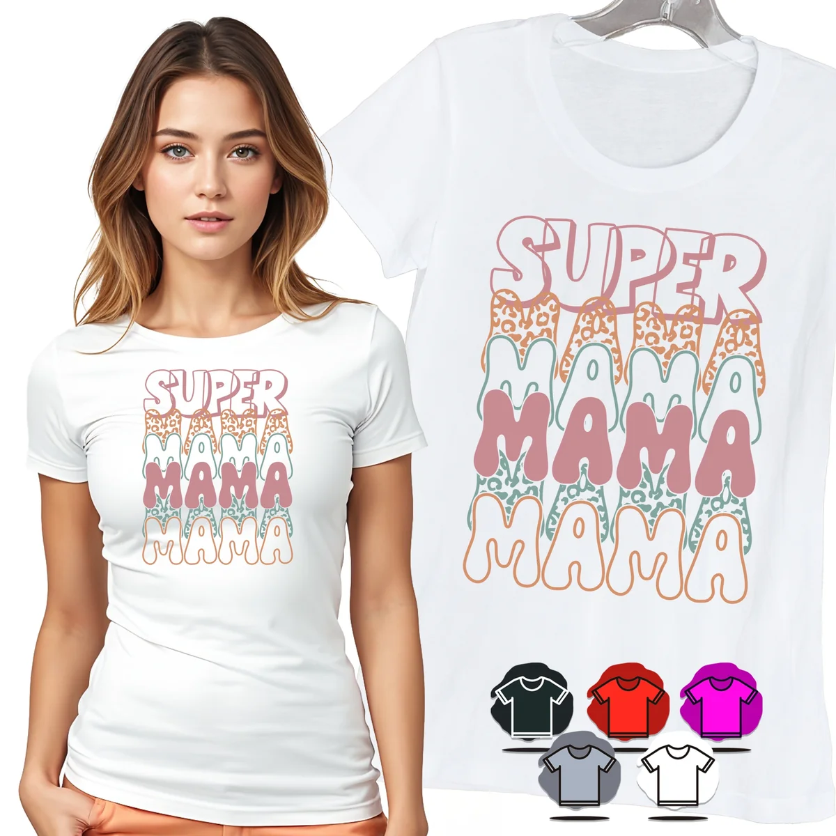 KOSZULKA DAMSKA T-SHIRT - SUPER MAMA PASTELOWY PANTERKOWY WZÓR DAMSKI - 3XL