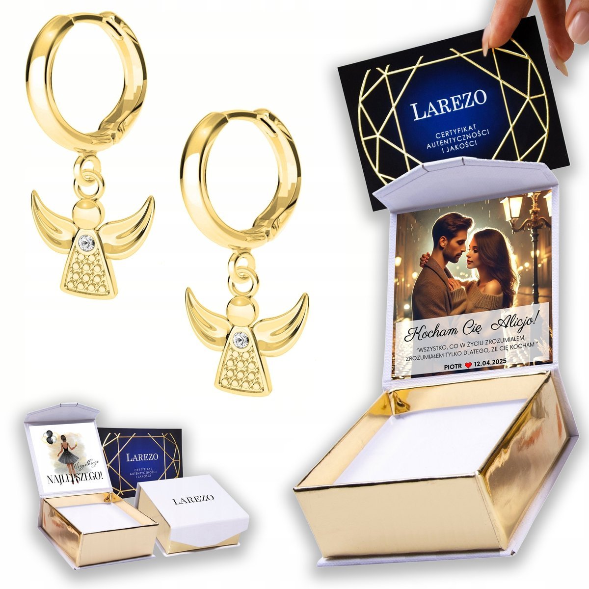 Złote Kolczyki 925 z Aniołem Stróżem Angel Anioły Aniołki Stróże NADRUK