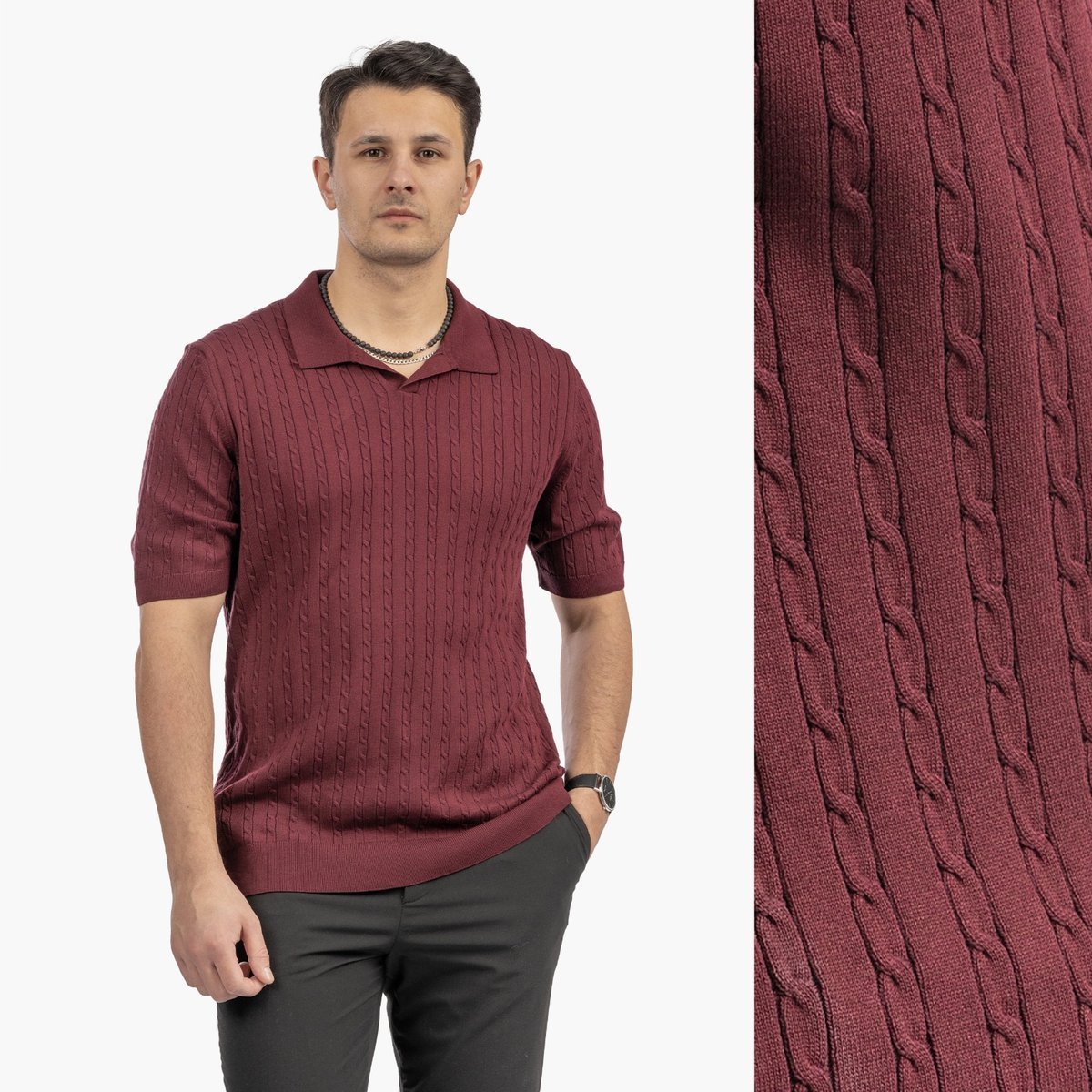 Koszulka Męska Polo Z Kołnierzykiem Dzianinowa Elegancka Bordowy 3XL