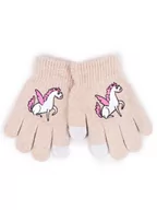 Rękawiczki - Rękawiczki dziewczęce pięciopalczaste beżowe z pegazem dotykowe 14 cm YOCLUB - miniaturka - grafika 1
