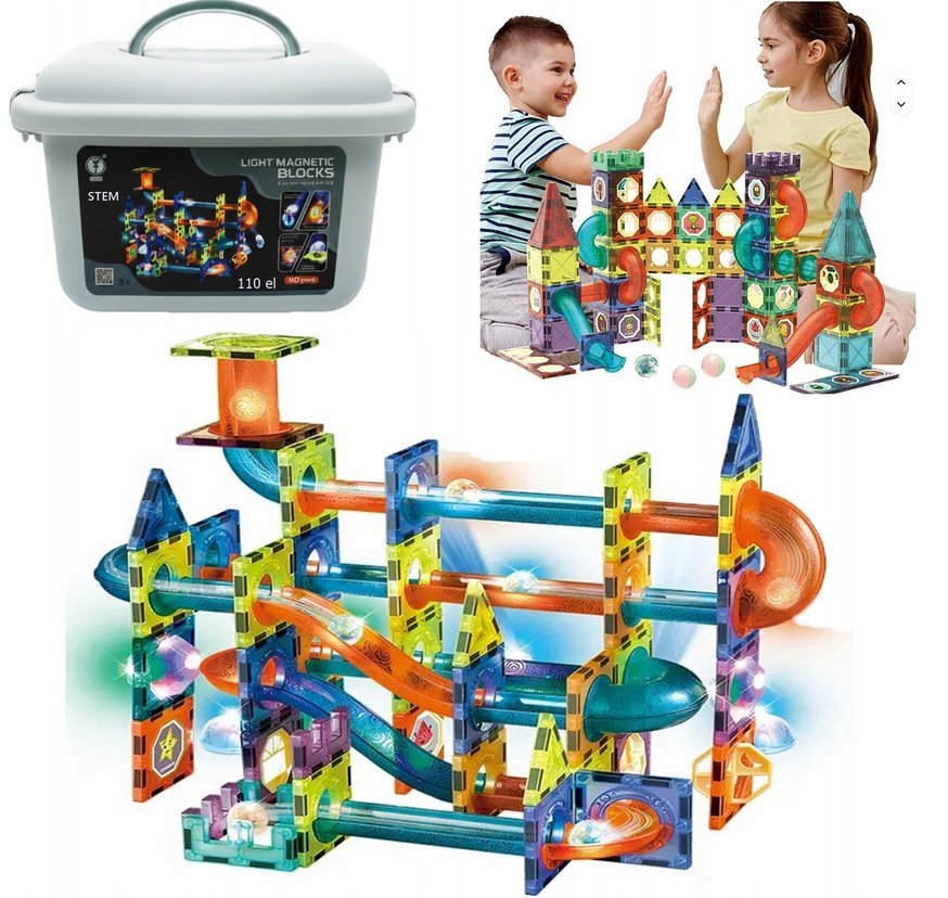 KLOCKI MAGNETYCZNE KONSTRUKCYJNE ŚWIECĄCY TOR 110el 3D MAGNETIC + KUFEREK
