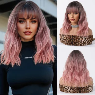 TEMU Peruka z Krótkimi Kręconymi Włosami w Kolorze Ombre od Różu do Jasnofioletowego, 16 cali z Grzywką dla Kobiet - Oddychająca Czapka z Siatki - Ozdoby do włosów - miniaturka - grafika 1