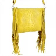 Torebki damskie - Włoska listonoszka z frędzlami skóra naturalna żółta wzór aligatora - miniaturka - grafika 1