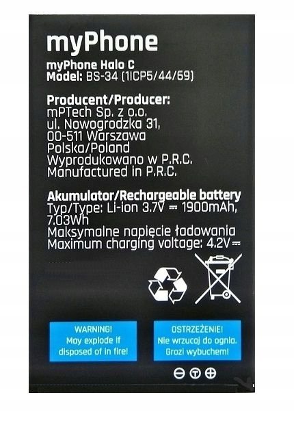 Bateria Myphone Halo C Bs-34 1900Mah Aktualna Data 100% Oryginalna