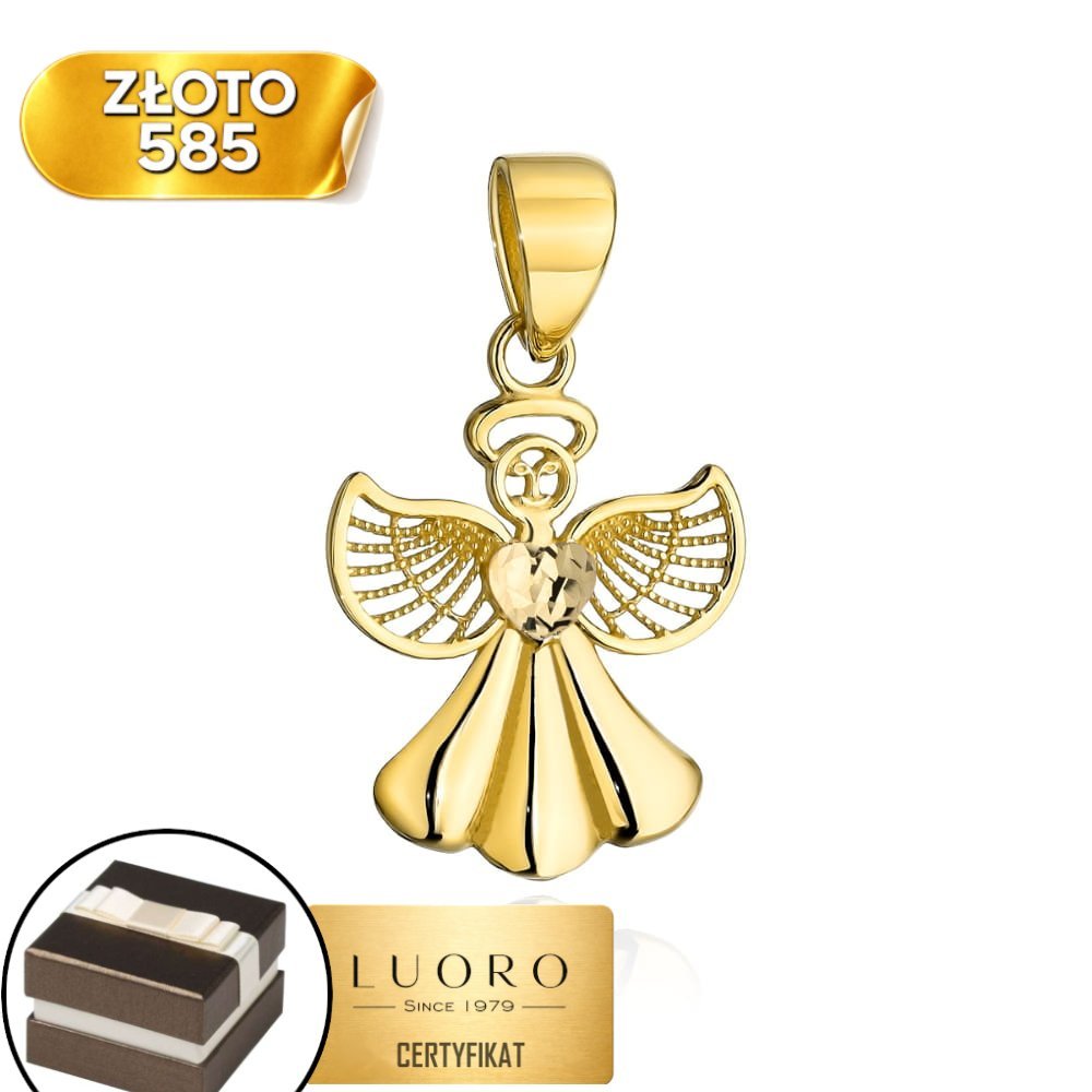 ZAWIESZKA ZŁOTA 585 14K ANIOŁEK DIAMENTOWANE SERCE 19 MM ELEGANCKA