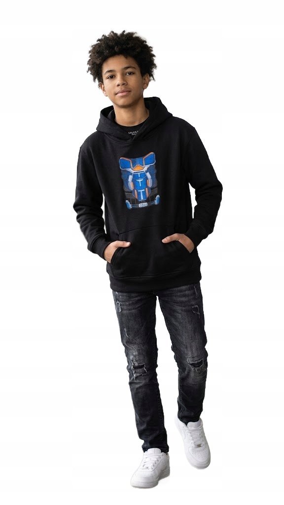 JUST HOODS CZARNA BLUZA CHŁOPIĘCA Z KAPTUREM Z NADRUKIEM M 6FA